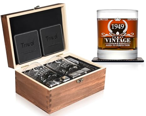 Triwol 75th Birthday Gifts for Men,Vintage 1949 Whiskey Glass and Stones Gift Set of 2,Funny 75 Birthday Gift for Dad Husband Brother,75 Birthday Present Ideas for Him,75 Year Old Bday Decorations