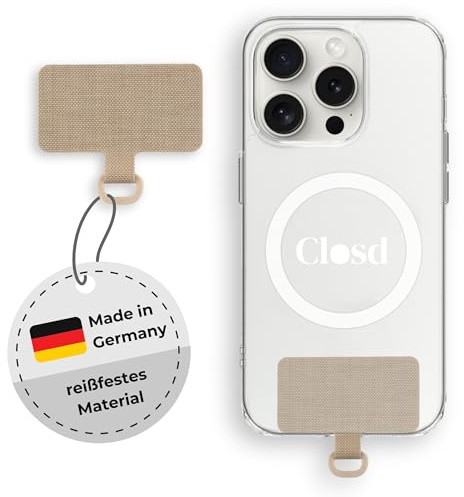 Closd Halterung für Handyketten, extrem reißfest, absolut sicher, beige, universal für jede Handyhülle, Made in Germany, sehr dünn nur 0,75 mm