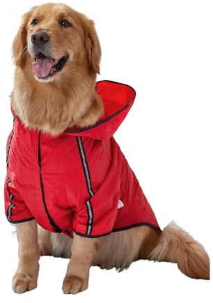 Hunde-Regenmantel mit Kapuze, leicht, wasserdicht, mit Traktionsloch und reflektierenden Streifen, Haustier-Poncho für Katzen, Welpen, kleine, mittelgroße und große Hunde, Größe L, Rot