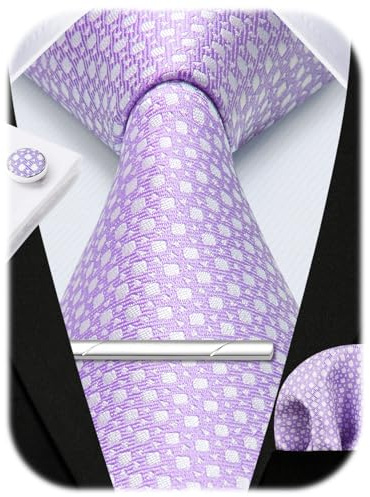 HISDERN Herren Hochzeit Krawatten und Einstecktuch Krawatte Plaid Manschettenknöpfe-Krawattenklammer-Set
