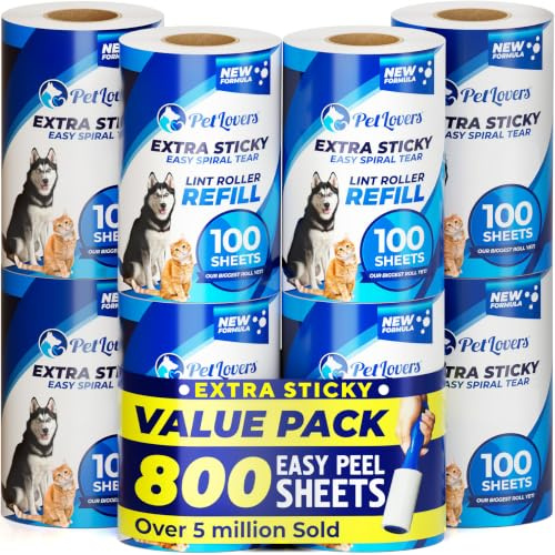 PetLovers Extra Sticky Lint Roller 8 Pack of Refills Only - No Handle Included - 100 Sheets Per Refill 800 Sheets Total