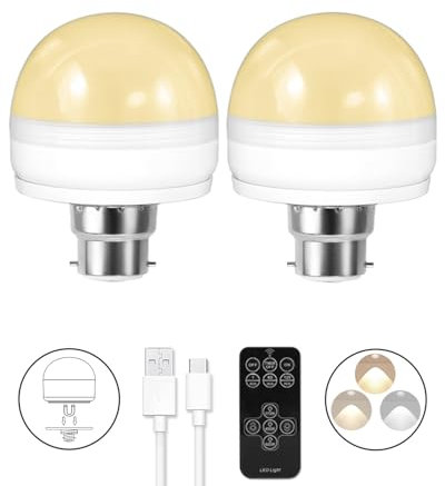 BLUEYE Lot de 2 ampoules rechargeables, télécommande, équivalent à 40 W, 300 lumens, charge amovible B22, 3 minuteries, 5 variateurs, lampe LED d'urgence à piles, sans prise de courant