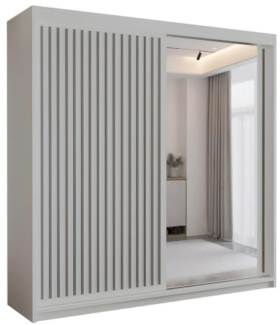 MN Furniture Roni Wide Wardrobe with Hanging Rails, Shelves and Drawers, Freestanding Closet Cabinet and Wardrobe with Sliding Mirror Doors for Bedroom (White, 203cm)