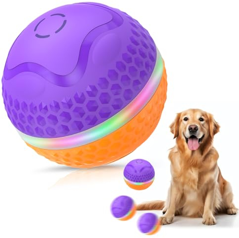 Osinaga Interaktives Hundespielzeug Hundeball, Langlebiges, Bewegungsaktiviertes, Automatisch Rollendes Ballspielzeug für Mittlere/große Hunde mit LED-Blinklicht (Orange/Lila)