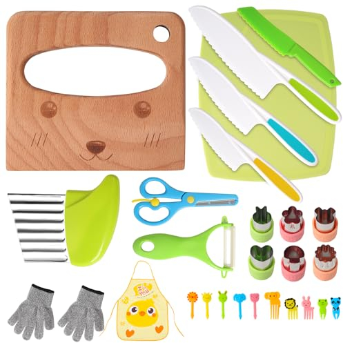 Votoko 28 Teiliges Kindermesser, Kinder-Küchenmesser-Set zum Schneiden und Kochen von Obst Gemüse, mit Gemüse Ausstechformen, Holzmesser, Schneidebrett, Montessori Messer für Kinder ab 2 3 4 5 Jahren