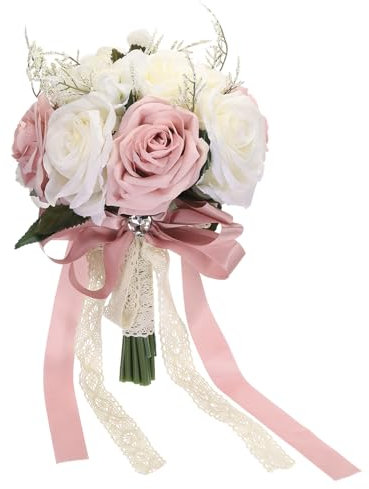 PATIKIL Artificial Bridal Bouquet, Bride Bouquets Wedding Flowers Bouquets with Silk Ribbon for Bride Bridesmaid Wedding Ceremony, White, Coffee Powder