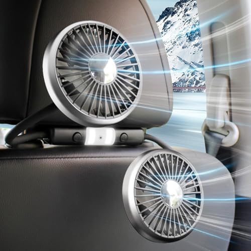 Auto Ventilator für Rücksitz, für 360° Doppelkopf Autolüfter Magnetlüfter Einstellbarer, 5V 2A Auto Kühlventilator 3 Geschwindigkeiten, Lichthelligkeitseinstellung, für SUV Wohnmobil LKW