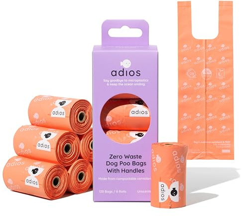 Adios Plastic – Komposterbara hundbajspåsar med handtag, 120 st (8 rullar) – korallfärg – extra tjock, läckagesäker, luktsäkra hundavfallspåsar – tillverkade av komposterbar majsstärkelse – lättrivna
