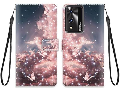 KARTXITAI Hülle Kompatibel mit CUBOT A10,Handyhülle mit Kartenfach Geld Slot Ständer PU Ledertasche Wallet Flip Magnetische Muster Schutzhülle-Rosa Schmetterling Himmel,Wolken