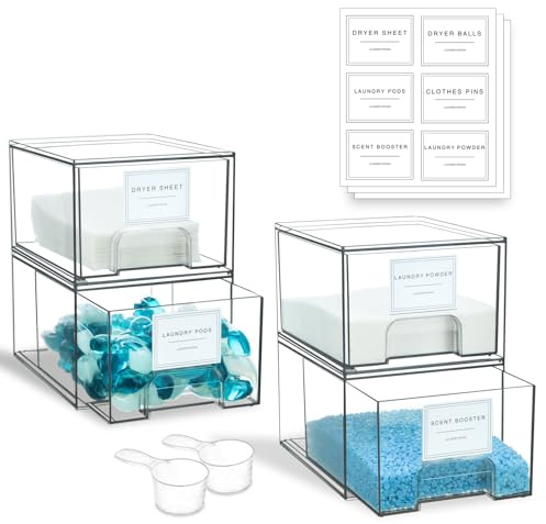 SACREDAY 4 Pack Laundry Room Organization and Storage Containers with Labels, Stackable Clear Plastic Storage Drawers for Dryer Sheet Holder, Laundry Pods Container, Laundry Room Decor for Organizing
