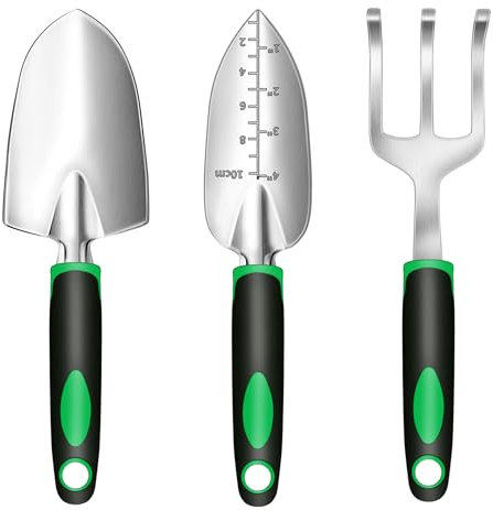 Attrezzi Giardinaggio 3 Pezzi, Kit Completo con Paletta, Trapiantatore e Rastrello - Set Professionale per Giardino, Orto e Piante in Vaso, Design Compatto e Manici Ergonomici