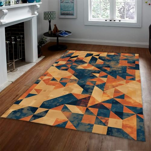 BYLEEHOMED Maschinenwaschbarer geometrischer Vintage-Teppich 180x240cm orangefarbener und Blauer Teppich & Wohnkultur Minimalismus Rutschfester weicher Teppich mit niedrigem Flor für den Innenbereich