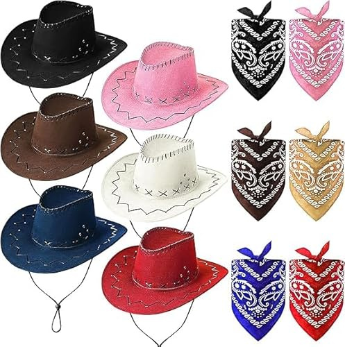 Cappello da cowboy con 6 bandana, confezione multipla, cappelli da cowboy, cappelli da cowboy, per uomo e donna, cappello da cowgirl con cinturino regolabile, per feste a tema cowboy, cavalli da