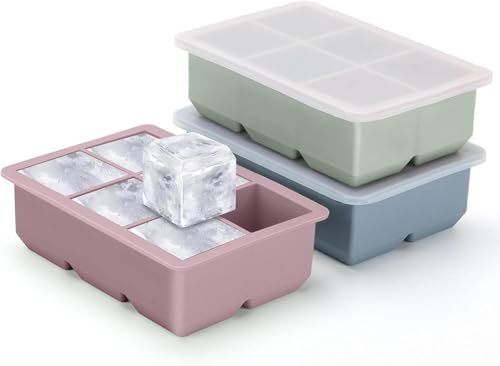 Jisile Silicone Ice Cube Tray Set of 3, 6-Cavity Large Square Ice Moulds with Lid, Reusable Ice Cube Maker for Whiskey, Cocktails & Beverages