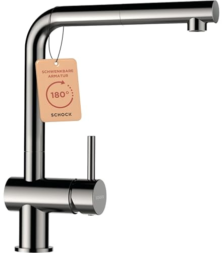 SCHOCK® Küchenarmatur Epos Edelstahl I Hochdruck Armatur mit ausziehbarer Schlauchbrause I 360° drehbar I Spültischarmatur in Edelstahloptik I gebürstetes Design I Einhebelmischer Messing