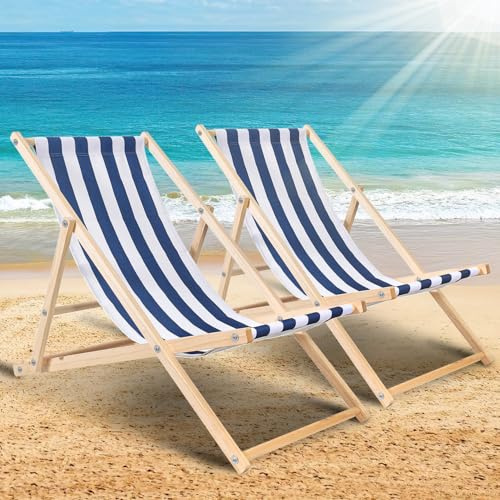 Ollewiellan 2er Set Liegestuhl klappbar Holz, Strandstuhl, Bis 120 kg, strapazierfähiger Klapp-, Sonnenliege,Garten, Strand, Camping- und Reisebegleiter(blau und weiß gestreift)