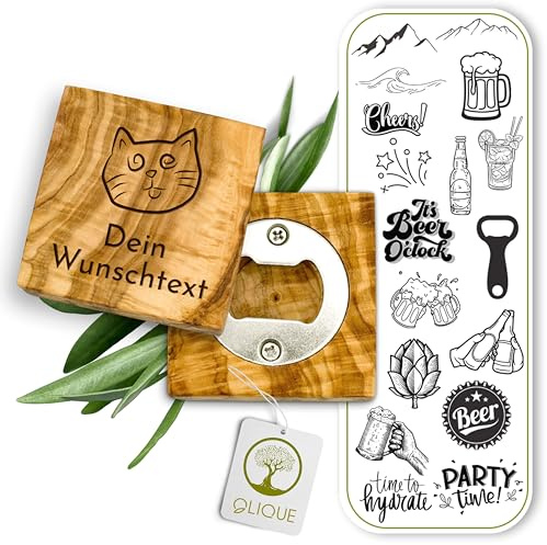 Flaschenöffner personalisiert, Olivenholz - Handgemachter Bieröffner mit Gravur als individuelles Geschenk (Flaschenflüsterer)