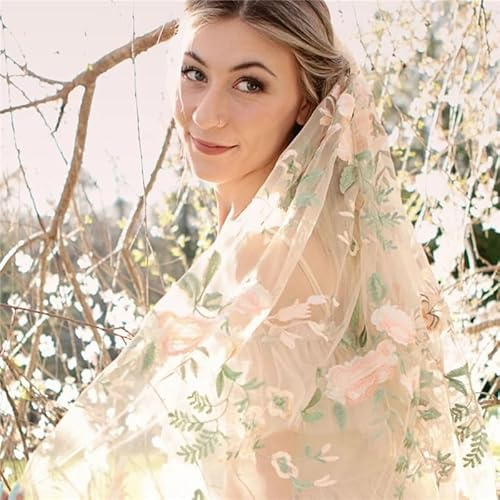 LXHZSY Braut Schleier Grün Rosa Bestickter Tüll Brautschleier Hochzeitsaccessoires for Bräute Blumen Wildblumen Mit Kamm Kathedrale Einlagig(150cm)