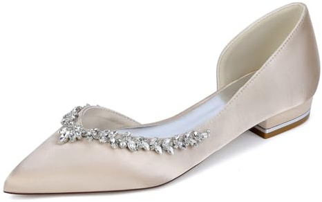 TNMIUH Donna Scarpe da Sposa Raso Senza Tacco Tacco Basso Punta Appartamenti di Nozze Scarpe da Damigella d'Onore Strass Elegante Matrimonio Scarpe,Champagne,39 EU