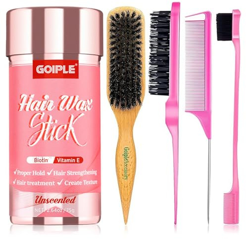 Ensemble de Bâtonnets de Cire pour Cheveux, Brosse Poils Sanglier et Peignes Coiffants - Contrôle Longue, Frisottis et Queue de Cheval - Peignes à Crêper pour Sectionner et Coiffer les Chignons