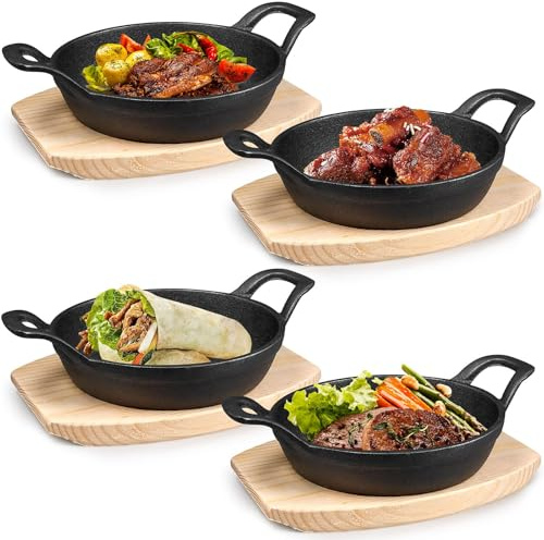 4er Set Kleine Gusseisen Servierpfanne, 16 cm Mini Gusspfanne mit Holzunterlage, Runde Grillpfanne Auflaufformen Gusseisenpfanne Pfanne mit 2 Griffen für Dunch Ofen Induktion Backen Braten Küche