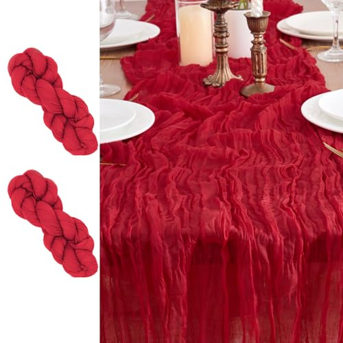 LUKDUNG Lot de 2 chemins de table, chemin de table en étamine, tissu de gaze bohème, tissu à fromage, nappe rustique pour décoration de mariage décoration de table, 90 x 300 cm (Rouge, 90 x 300 cm, 2
