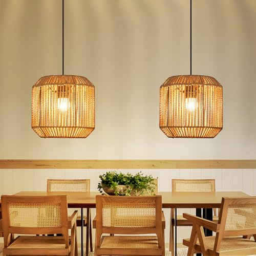 Deboola Hängelampe Boho Hängeleuchte Rattan Papierseil - 2ER Pendelleuchte Vintage Esstisch Pendellampe Laterne Design Ø21cm Boho Lampe Hängend E27 für Esszimmer Wohnzimmer(Ohne Leuchtmittel)