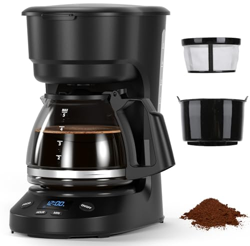 Electactic 5-Cup Drip Coffee Maker, a compact coffee machine with a digital clock and 24-hour programmable timer, featuring Auto Shut-Off, and a Removable Filter Basket for Home & Office-Deep Black