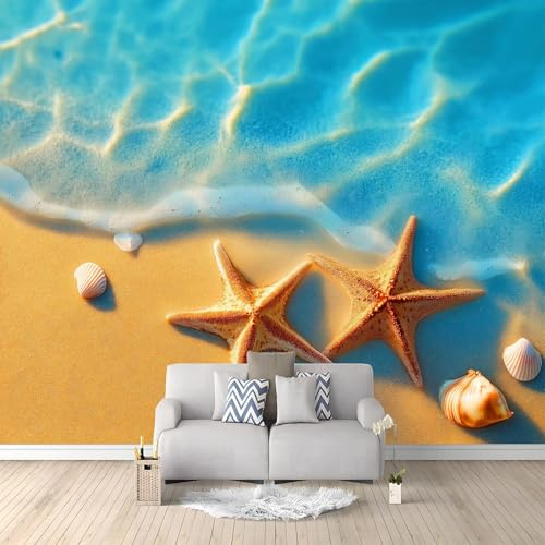 Fotomurales 3D Conchas De Estrellas De Mar De Playa 250x175 cm Papel Pintado Fotográfico, Decoración De la Pared Murales para Salón, Dormitorio, Habitación para Niños, Pared de TV