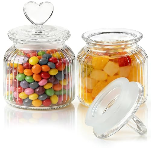 DARENYI Set 2 Barattolo Contenitore in Vetro con Tappo a Cuore, 650ml Barattoli in Vetro a Chiusura Ermetica, Barattolo Decorativo Trasparente per Caramelle, Biscotti, Dolci, Spezie