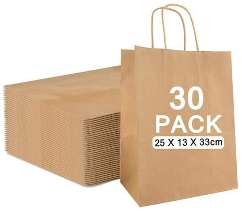 30 Stück Groß Papiertüten mit Henkel, Braun Kraft Papiertaschen Geschenktüten, 25x13x33cm Papiertragetasche, Geschenktaschen zum Verpacken Einkaufen Geburtstag Partys Hochzeit Weihnachten