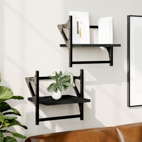 Bucmath Schwebendes Wandregal-Set, 2 Stück, Schwarz, 30x25x30 cm, Robustes Holzwerkstoff, mit Stange, ideal für Schlafzimmer, Wohnzimmer, Küche, vielseitiger Stauraum