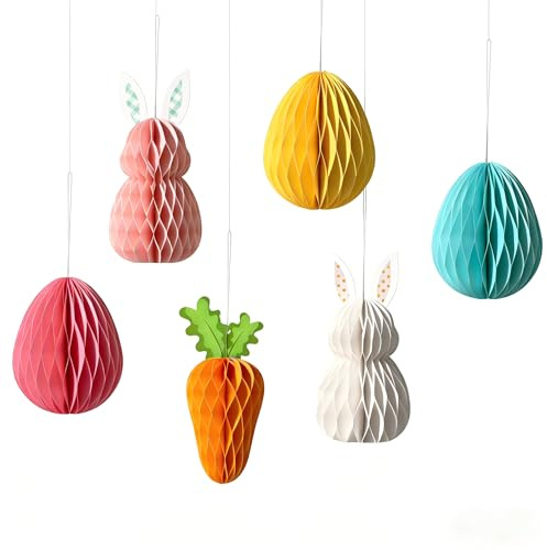 6 Stück Ostereier Zum Aufhängen, Osterdeko,Wabenfigur Ostereier Zum Aufhängen Papier, Osterhase Deko, Osterdeko Zum Aufhängen für Kinderpartys, Geburtstage, Ostern