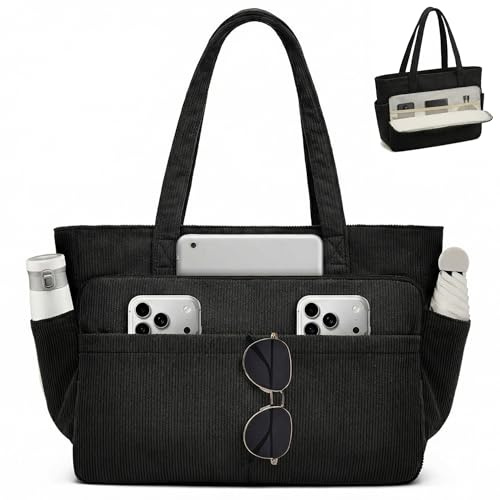 Jiliyote Cord Tasche Damen,Große Shopper Tote Bag mit 15,6 Zoll Laptopfach und 12 Fächern,Handtasche mit Reißverschluss und Baumwollfutter,Arbeitstasche für Uni,Schule & Everyday (Schwarz)