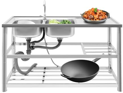 120 × 45 × 80 cm - Double évier de cuisine en acier inoxydable - Charge maximale : 150 kg - Avec étagère à 3 étages - Robinet d'eau chaude et froide - Meuble bas pour restaurant, café, cuisine, garage
