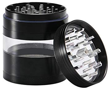 Dcou Aluminium Gewürze rmühle mit Pollensammler, Mehrfachkammern und magnetischen Deckel 4-teilig 2,5 - Zoll (Helles Schwarz)