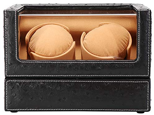 DRIKLUX Double Watch Winder for Rolex and Other Luxury Watches - Automatic Winder with Quiet Motor, Premium Black Ostrich Leather Exterior and Soft Flexible Watch Pillows of Camel Velvet