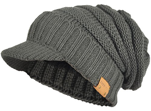Uomo Donna Spessore Vello Foderato Maglia Ciondolare Beanie con Visiera (Grigio)