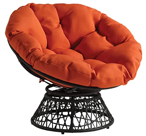 OSP Home Furnishings Wicker Papasan Chair with 360-Degree Swivel, Grey Frame with Orange Cushion