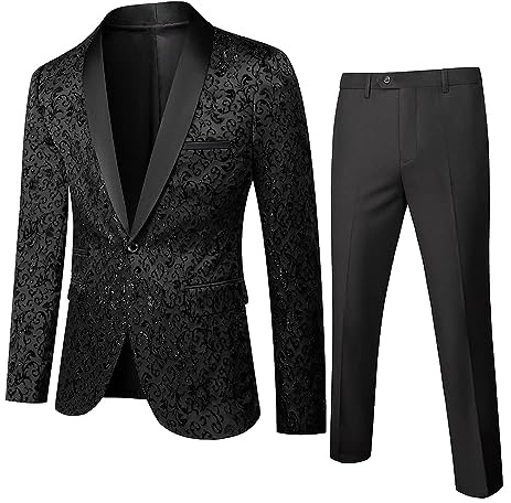 Mens 2 Piece Floral Jacquard Dress Suit Set 1 Button Print Dinner Jacket Pants Black