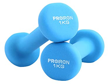PROIRON Coppia di manubri da donna in neoprene 1 kg, 1,5 kg, 2 kg, 3 kg, 4 kg, 5 kg, 6 kg, 7 kg, 8 kg, 10 kg, peso per esercizi per braccia e mano (azzurro, 2 x 1 kg)