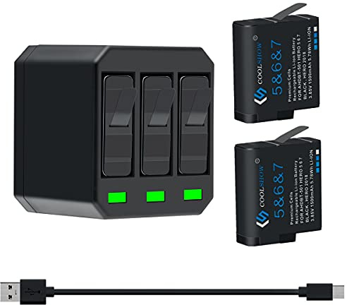 COOLSHOW Hero 7 6 5 Battery Replacement (2 Packs) and Triple Hero 7 Charger Compatible with GoPro Hero 7 Black,Hero 6 Black, Hero 5 Black, Hero 2018 and Charger Compatible with Hero 8