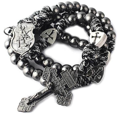 HanlinCC Large and Heavy Gun Black Metal Beads Rugged Durable Paracord Rosary Necklace with St.Michael Center Piece and Pardon Crucifix for Men (Gun Black St.Michael Paracord Rosary)