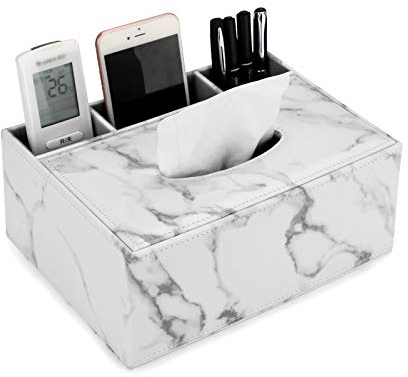 BSTKEY Taschentuchbox rechteckig Kunstleder Taschentuchbox mit Fernbedienung (Marmor Weiß)