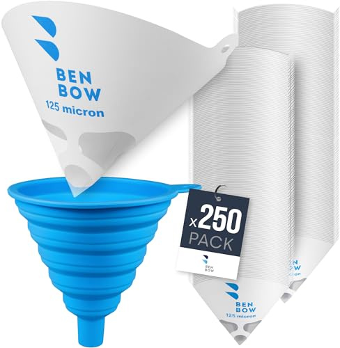 BenBow Lacksieb 125µ x 250 Stück - Einweg-Papierfilter mit Nylongewebe und praktischer Silikontrichter - zum Filtern von Lacken und Farben vor Verunreinigungen