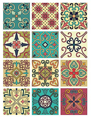 | Autocollant pour Carreaux | Planche de 12 Stickers Carrelage - Carreaux de Ciment - Modèle MEXICO - Dimensions d'un Carreau : 10 x 10 cm - Salle de Bains Crédence Meubles ...