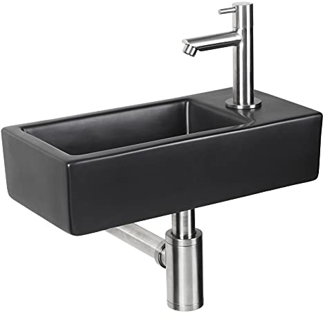 Differnz Hator Waschbecken - Waschtisch Matt Schwarz Keramik - Gerade Armatur Mat Chrom - Komplettset - 9 x 37,5 x 18,5 cm