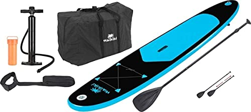 Waikiki SUP Aufblasbares XL Stand-Up-Paddleboard 285x71cm belastbar bis 100kg Komplettset mit Aluminiumpaddel 170-210cm Handpumpe Rucksack Fußleine Reparaturset - für Anfänger und Fortgeschrittene