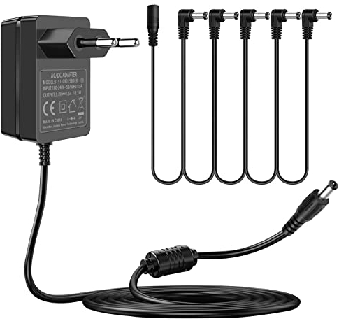 9V Netzteil für Gitarren Pedale, für Boss Gitarreneffekte Gitarrenpedale Elektrische Klaviertastatur, mit 5 Wege Daisy Chain Kabel,100-240V AC zu DC 9Vdc 1,5A 1A 0,5A Netzadapter Center Negative.