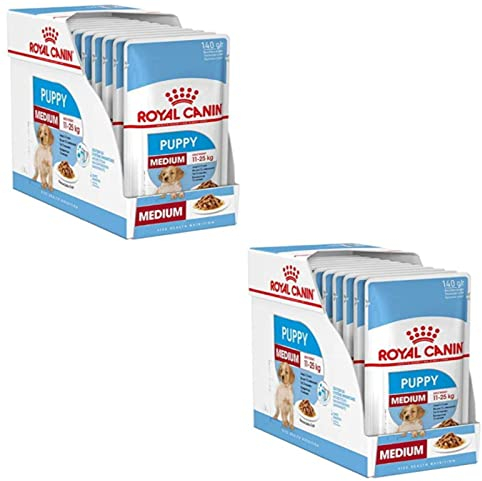 Royal Canin Medium Puppy | Doppelpack | 2 x 10 x 140 g | Nasses Welpenfutter für mittelgroße Hunde | Bis zum 12. Lebensmonat | Zur Unterstützung des Gehirns | Stückchen in Soße